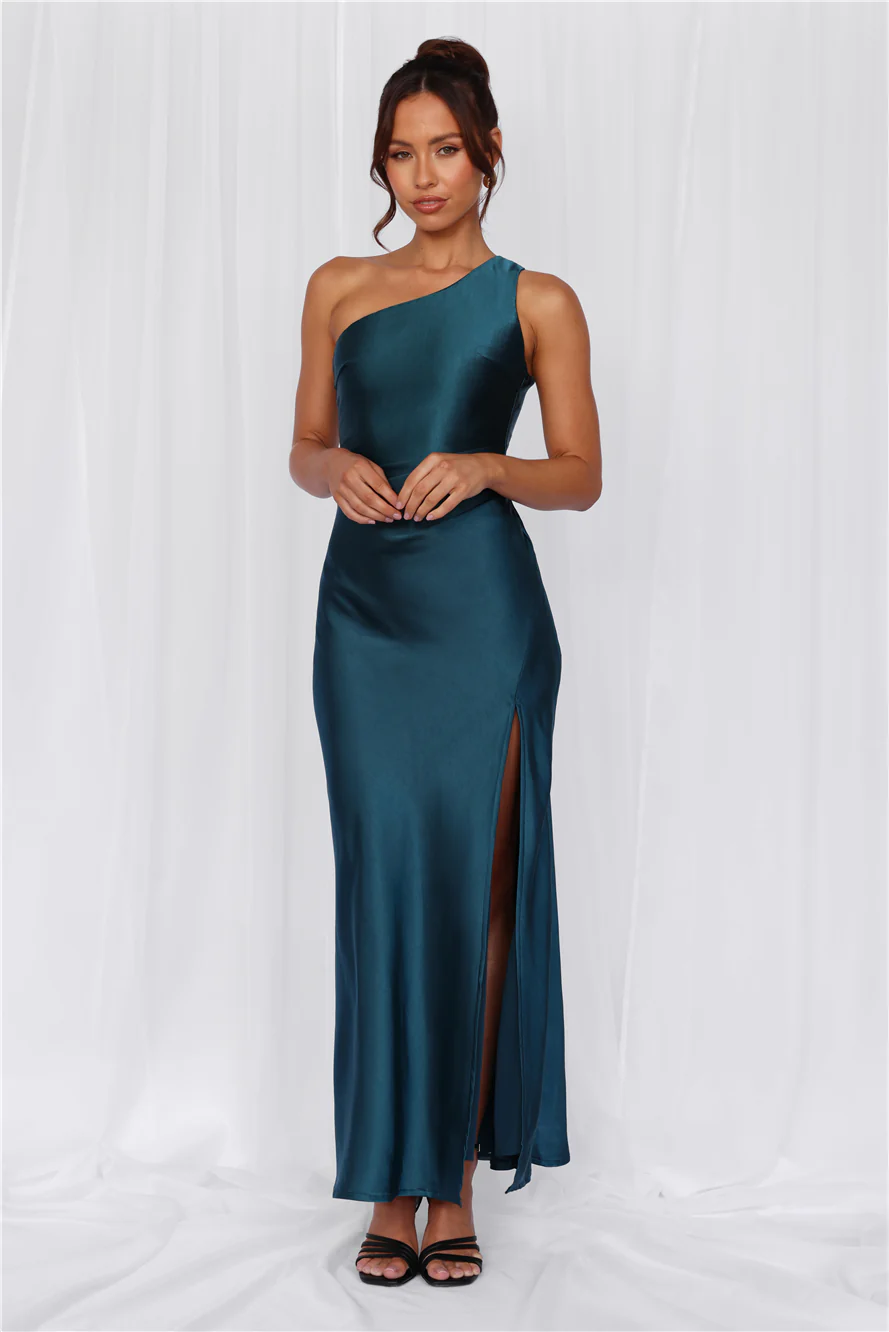 The Aurora One Shoulder Satin Maxi Dress Teal