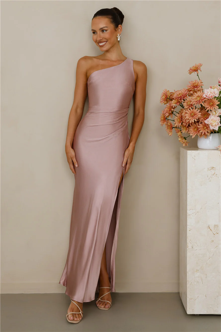 The Aurora One Shoulder Satin Maxi Dress Dusty Pink