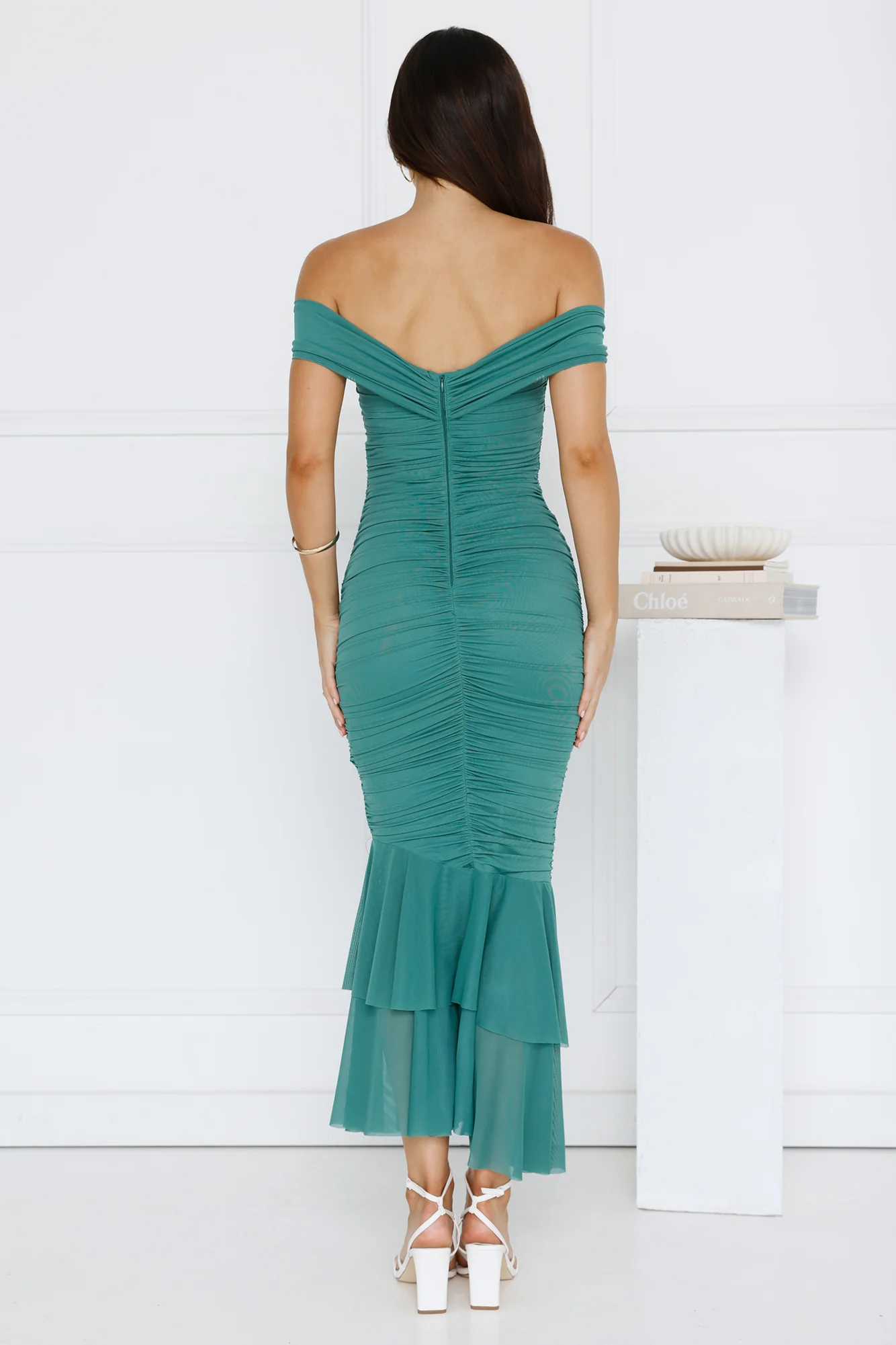 Tanisha Off Shoulder Mesh Midi Dress Green