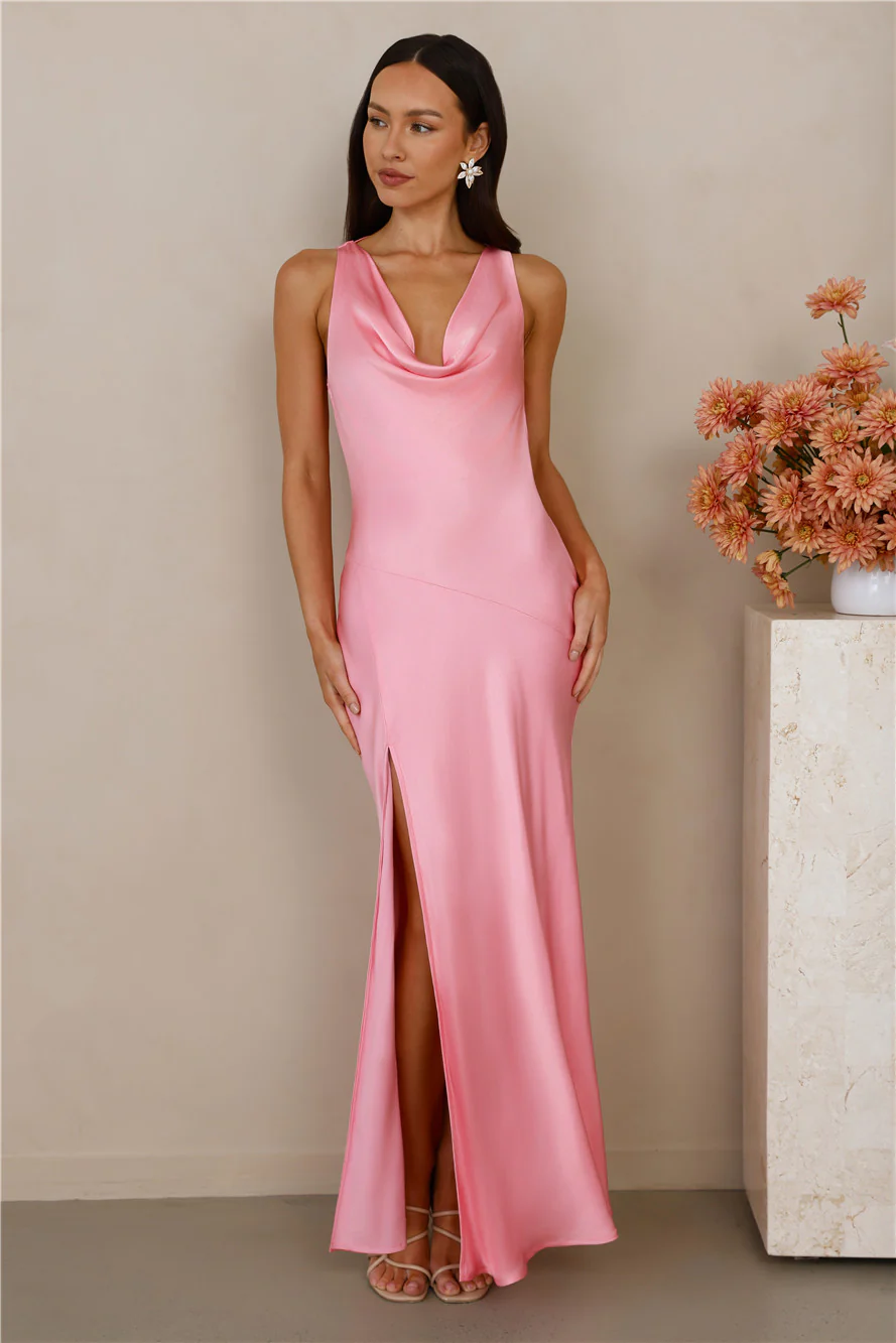 The Loretta Cowl Satin Maxi Dress Candy