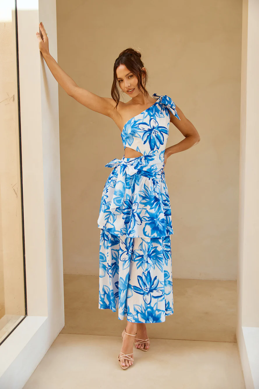 Vibrance Lover One Shoulder Midi Dress Blue