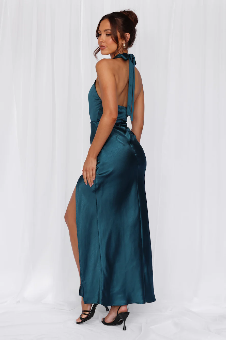 The Adeline Halter Satin Maxi Dress Teal