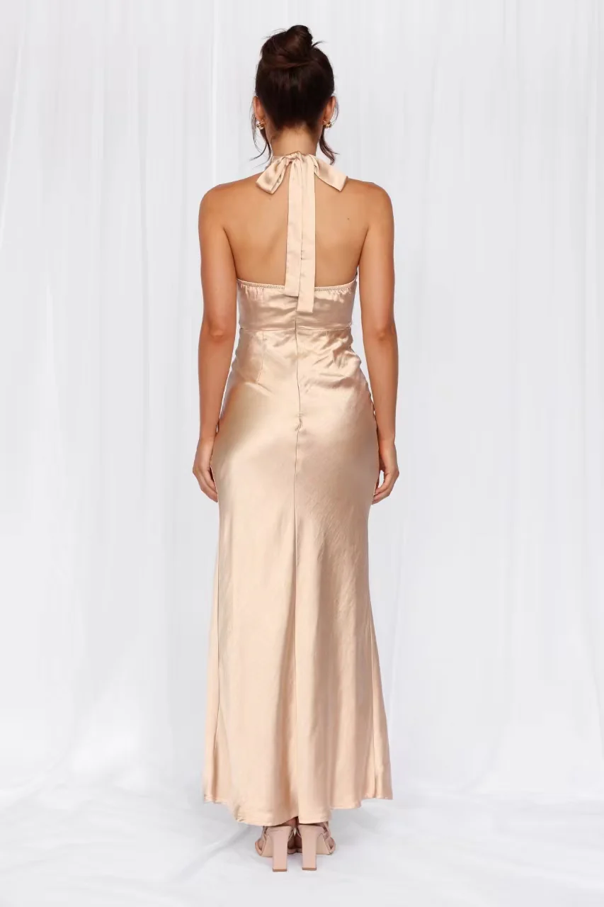 The Adeline Halter Satin Maxi Dress Champagne