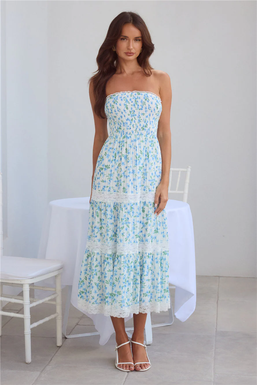 Under Palm Trees Strapless Midi Dress Blue