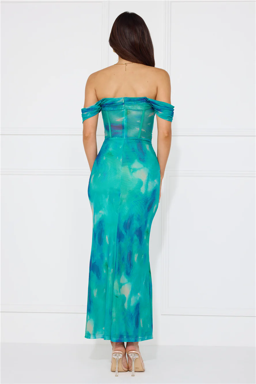 Timeless Grace Off Shoulder Mesh Maxi Dress Green