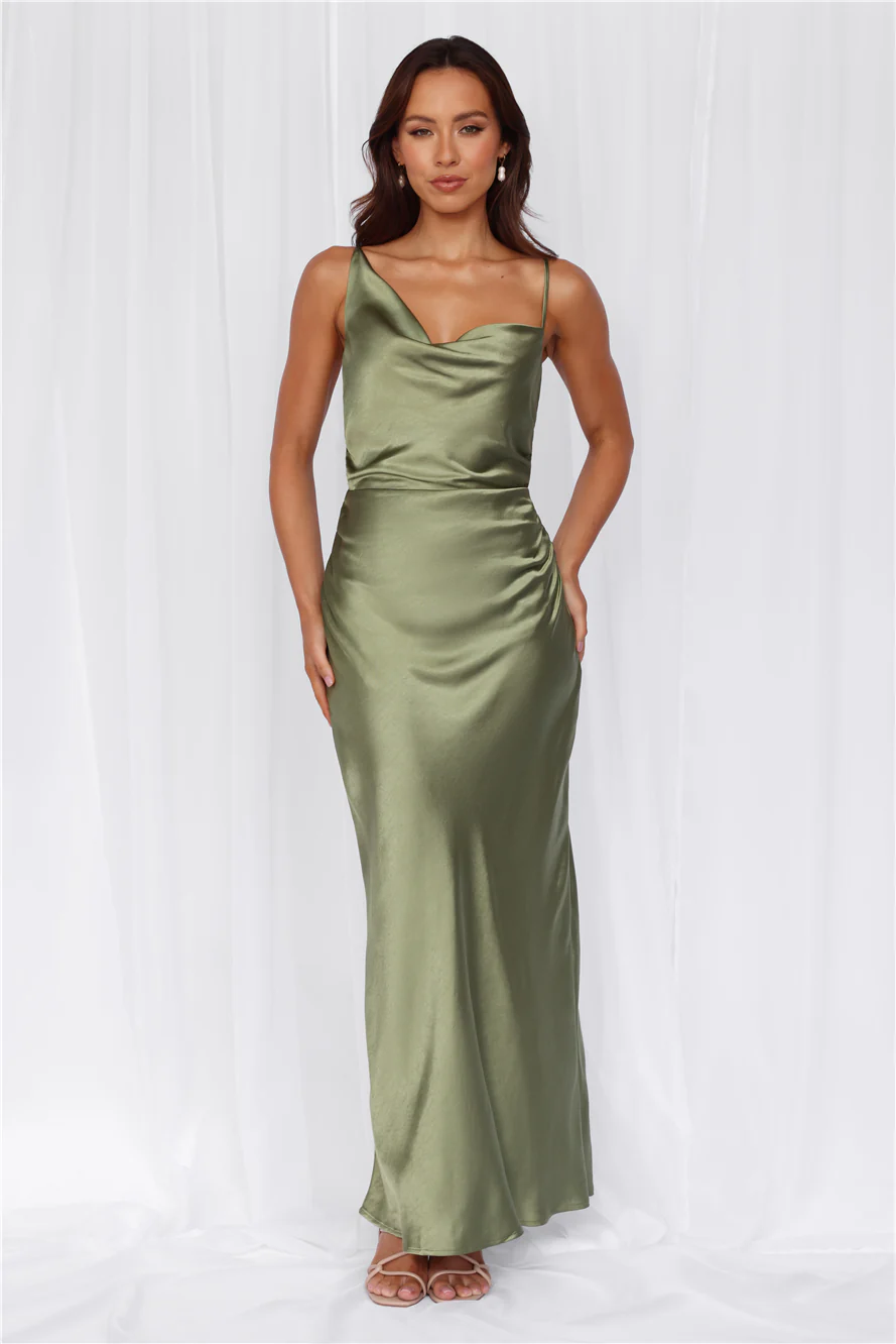 The Madeline Cowl Satin Maxi Dress Olive