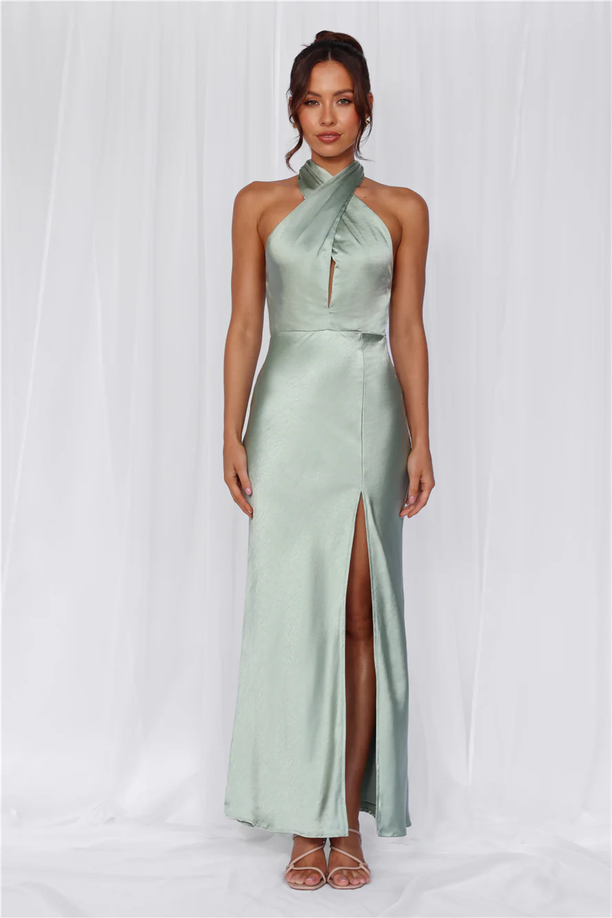 The Adeline Halter Satin Maxi Dress Sage