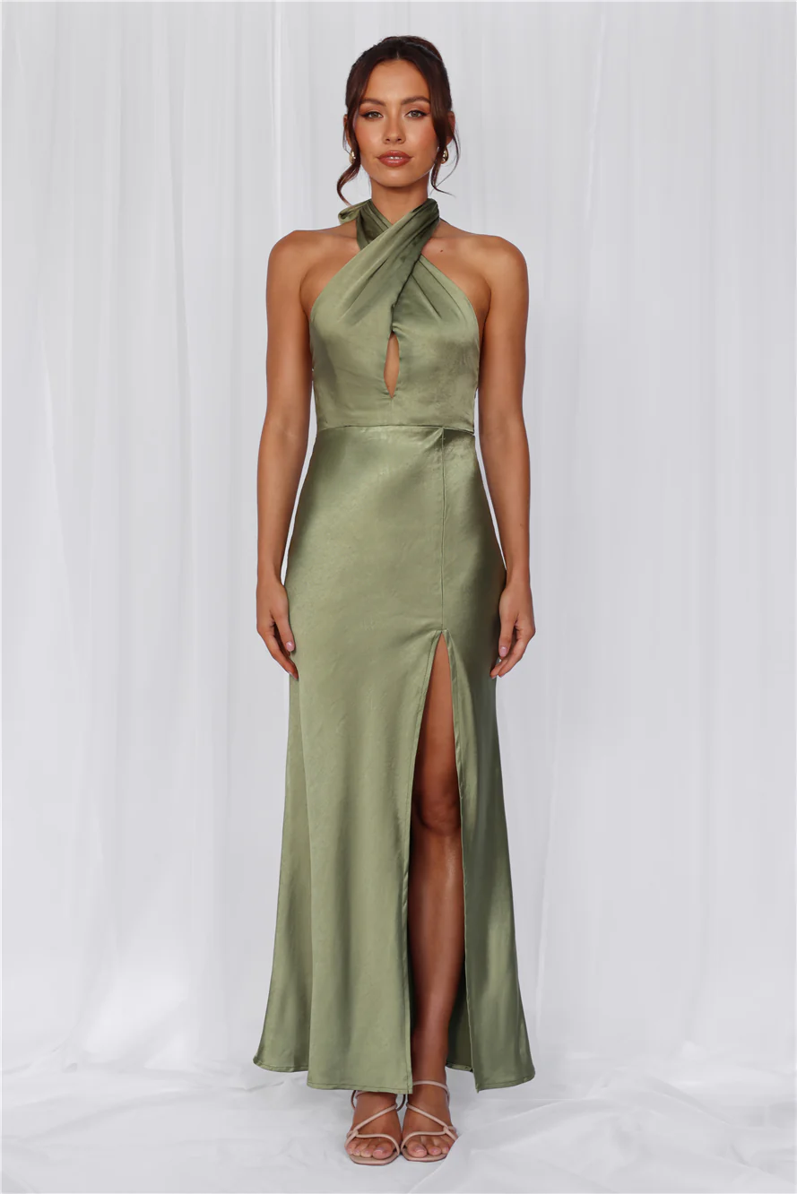 The Adeline Halter Satin Maxi Dress Olive