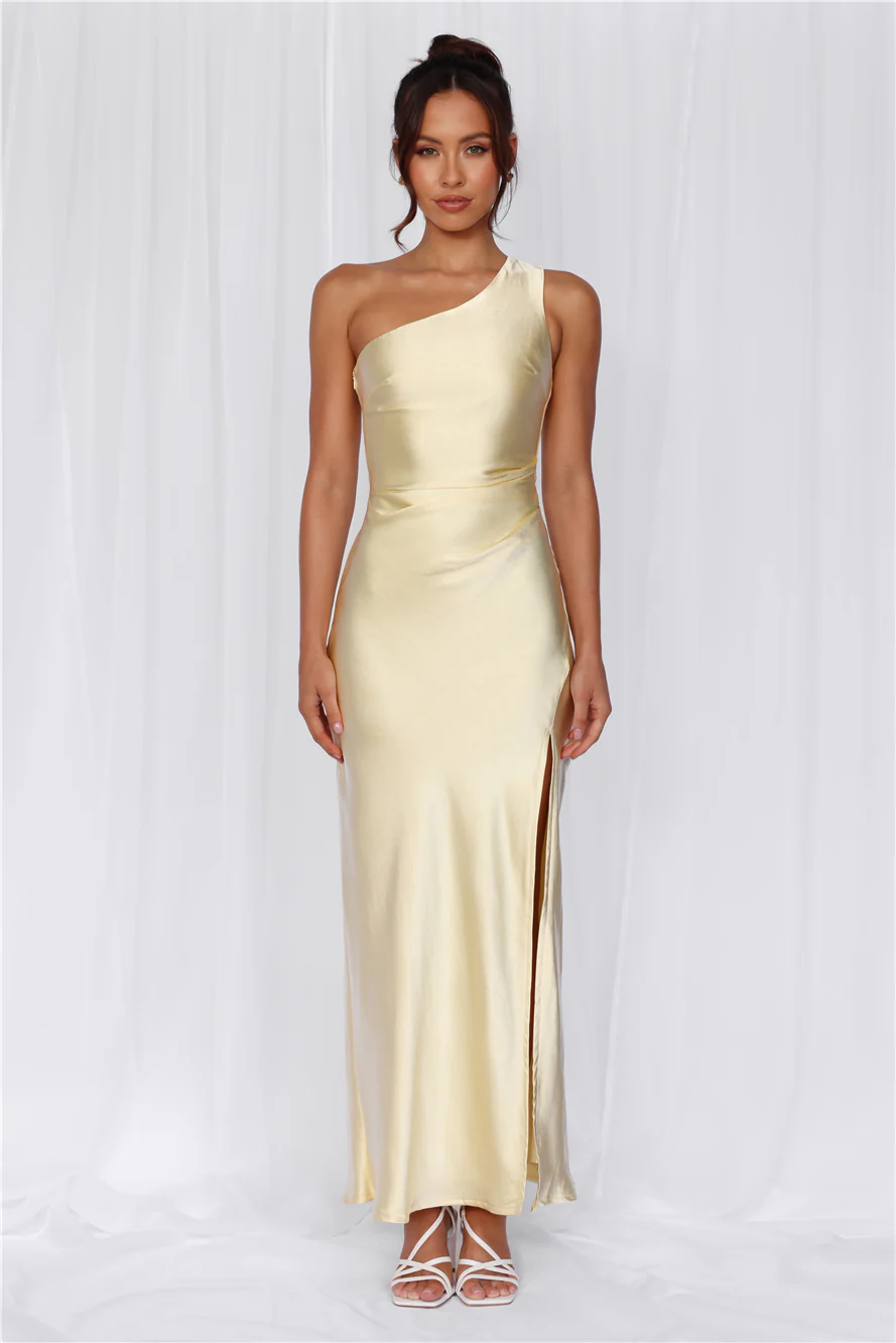 The Aurora One Shoulder Satin Maxi Dress Yellow