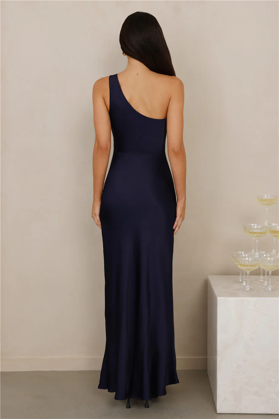 The Aurora One Shoulder Satin Maxi Dress Navy