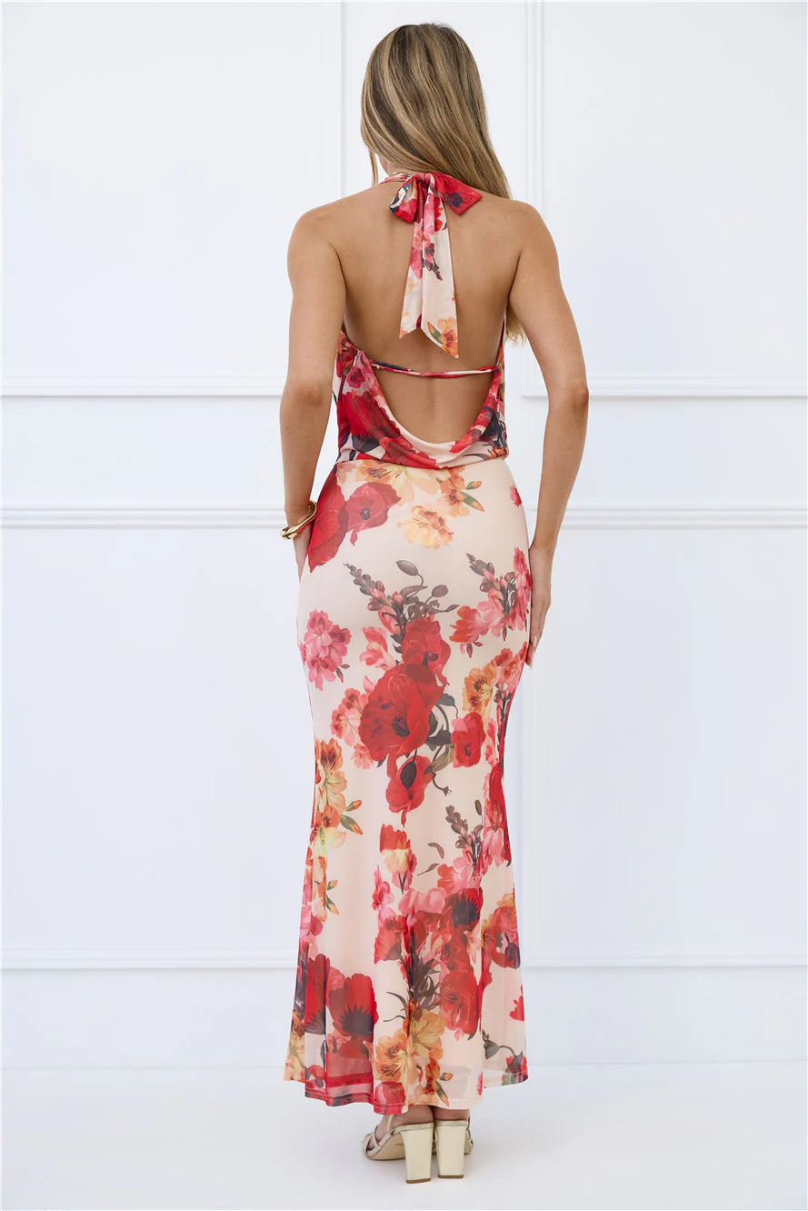 Viral Vibes Mesh Halter Maxi Dress Beige