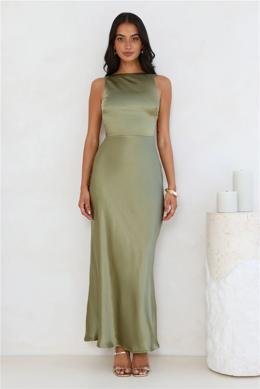 Unveiled Sophistication Satin Maxi Dress Olive