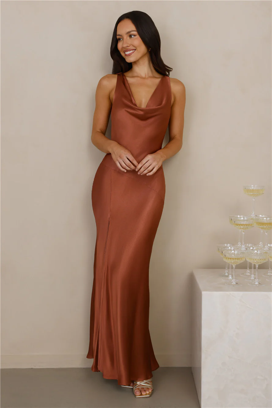 The Loretta Cowl Satin Maxi Dress Copper