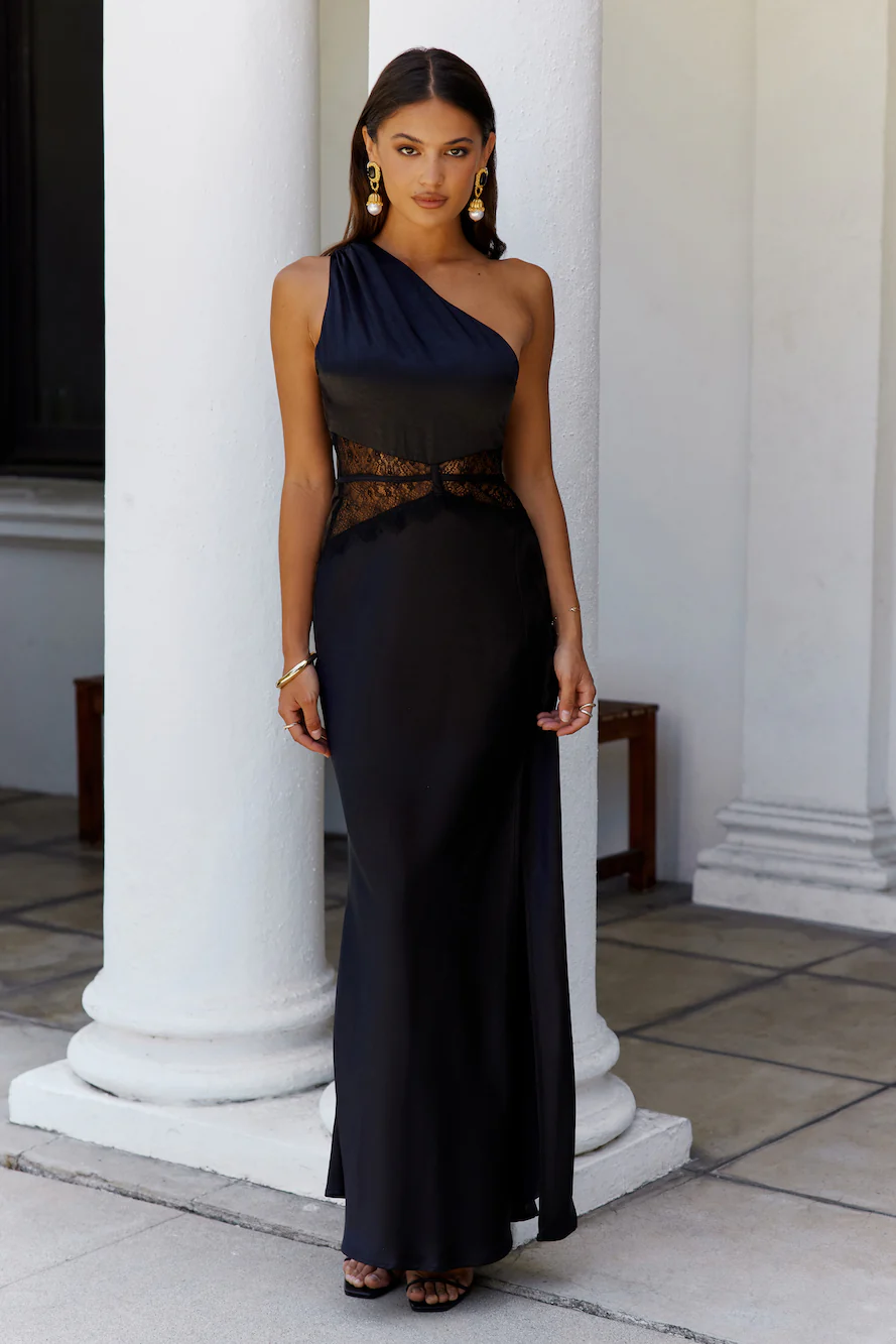 Show You Love One Shoulder Satin Maxi Dress Black