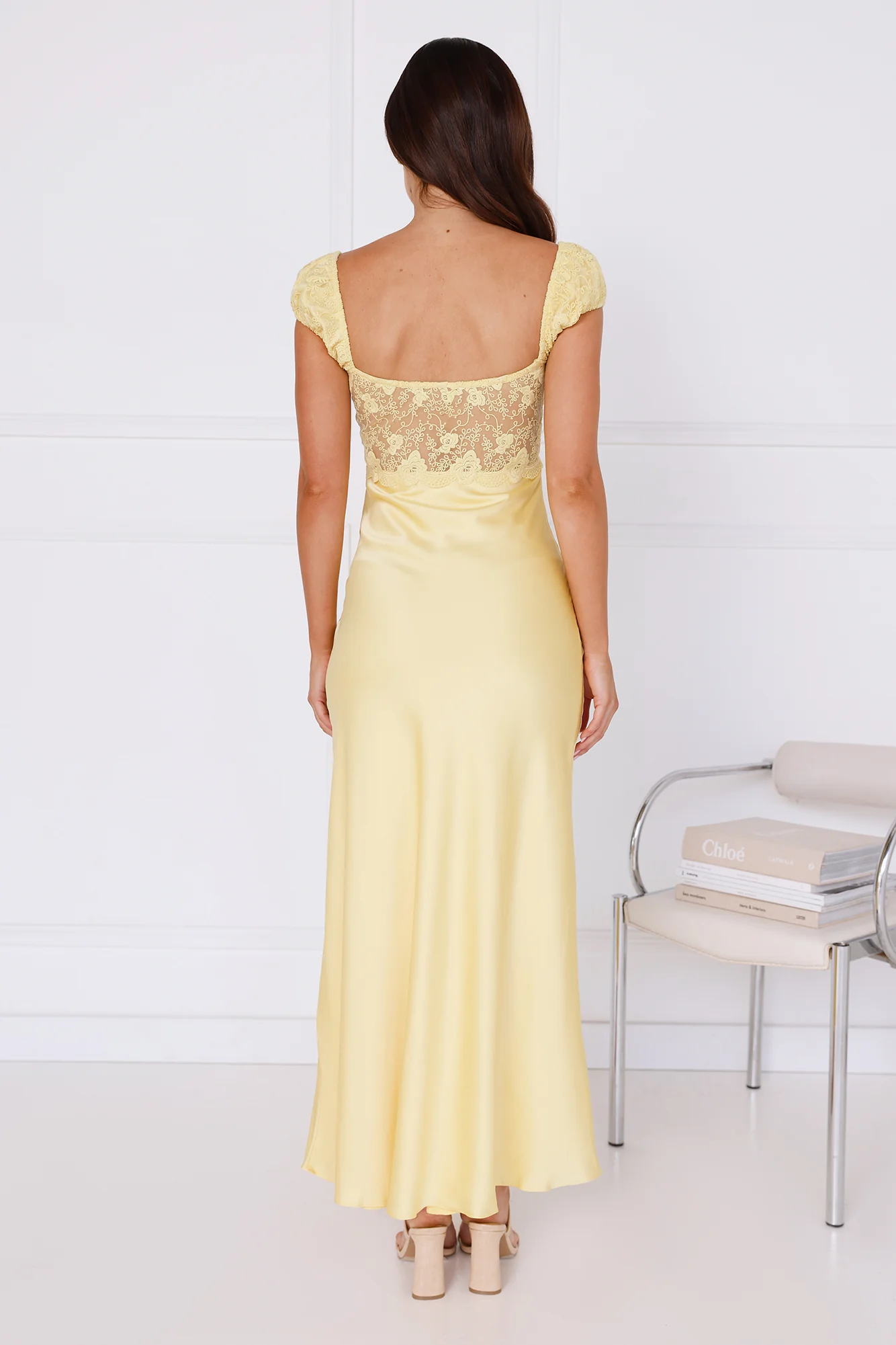 Sunny Celebration Lace Satin Midi Dress Yellow