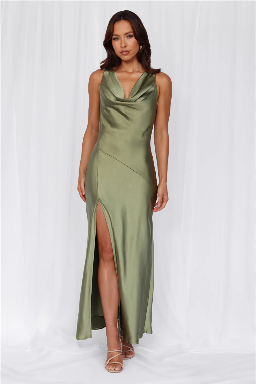 The Loretta Cowl Satin Maxi Dress Olive