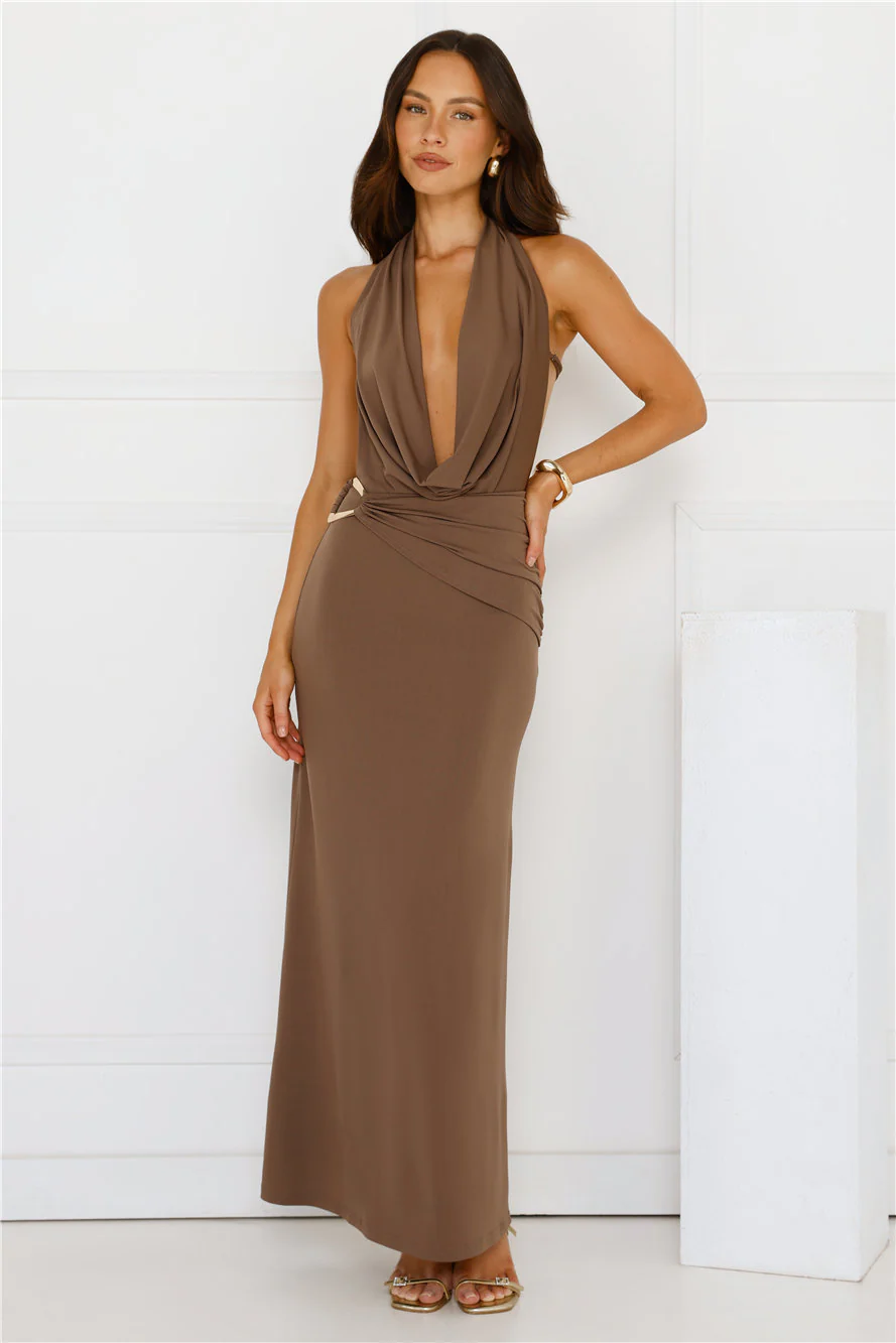 Silk Essence Halter Maxi Dress Brown