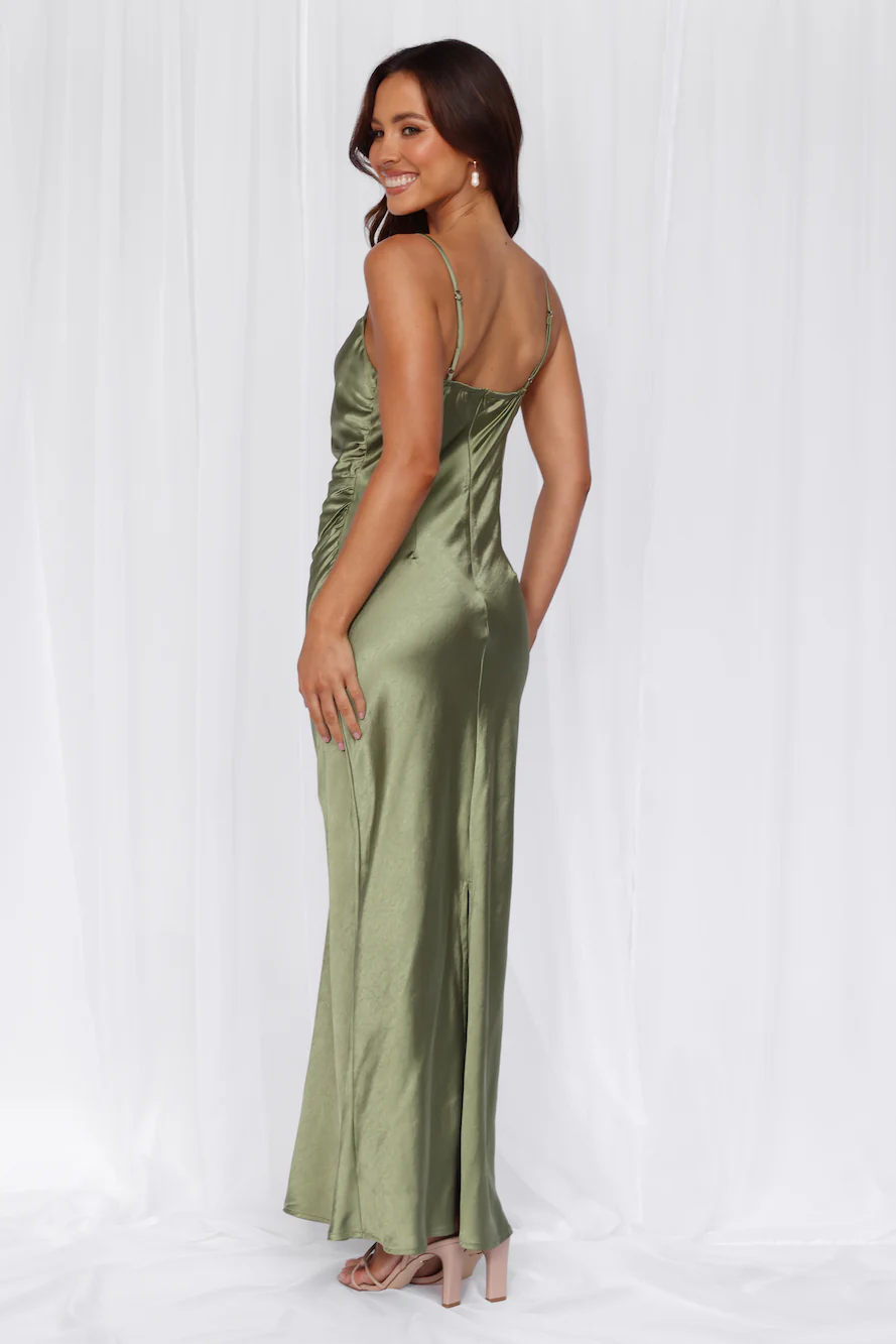 The Madeline Cowl Satin Maxi Dress Olive