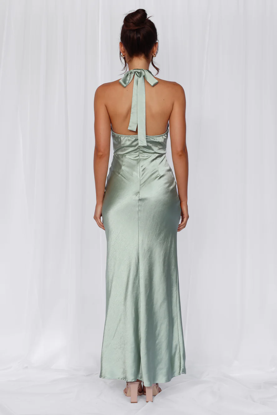 The Adeline Halter Satin Maxi Dress Sage