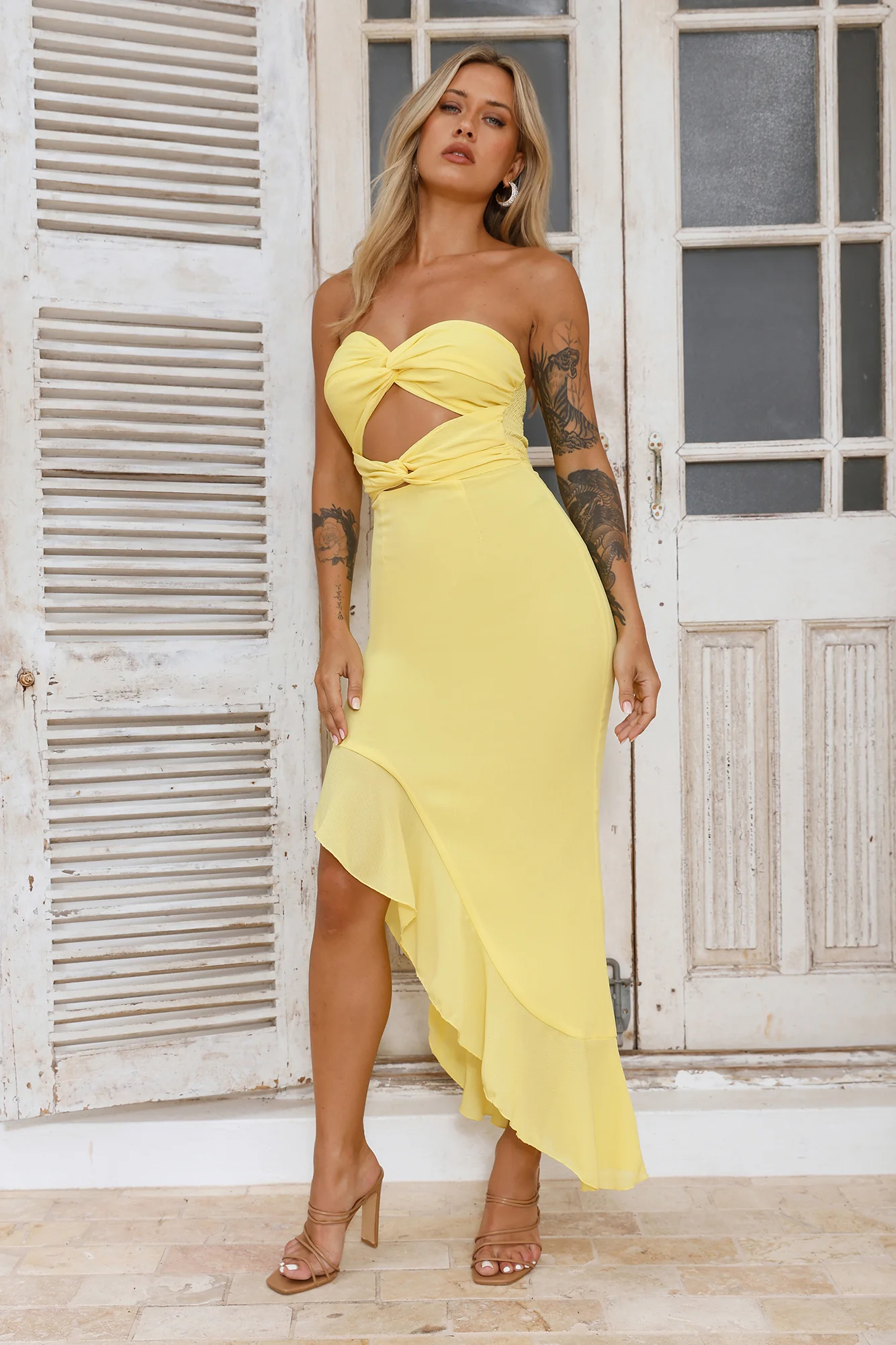 Supermodel Moment Strapless Midi Dress Yellow