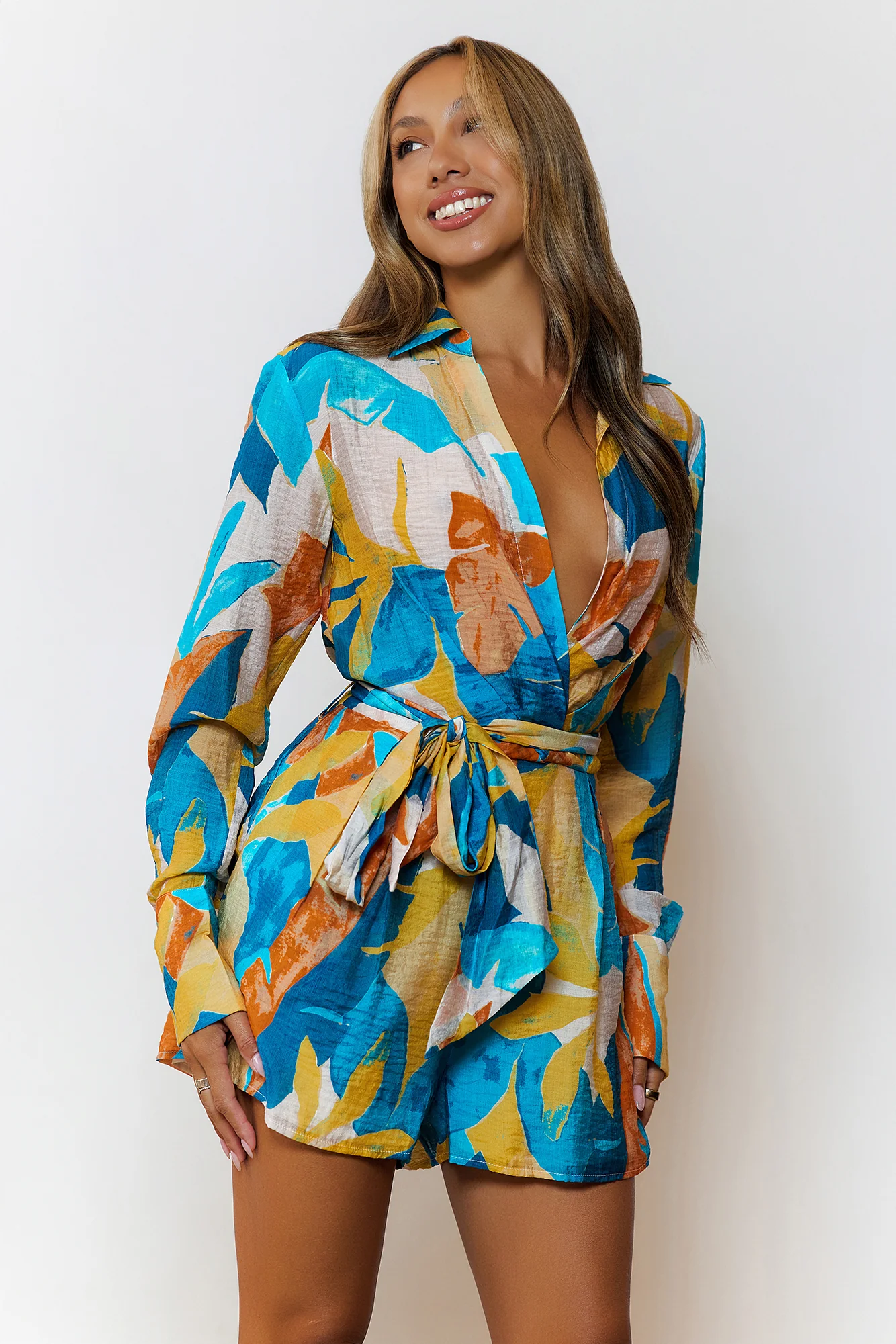 Tropic Tempo Long Sleeve Romper Teal