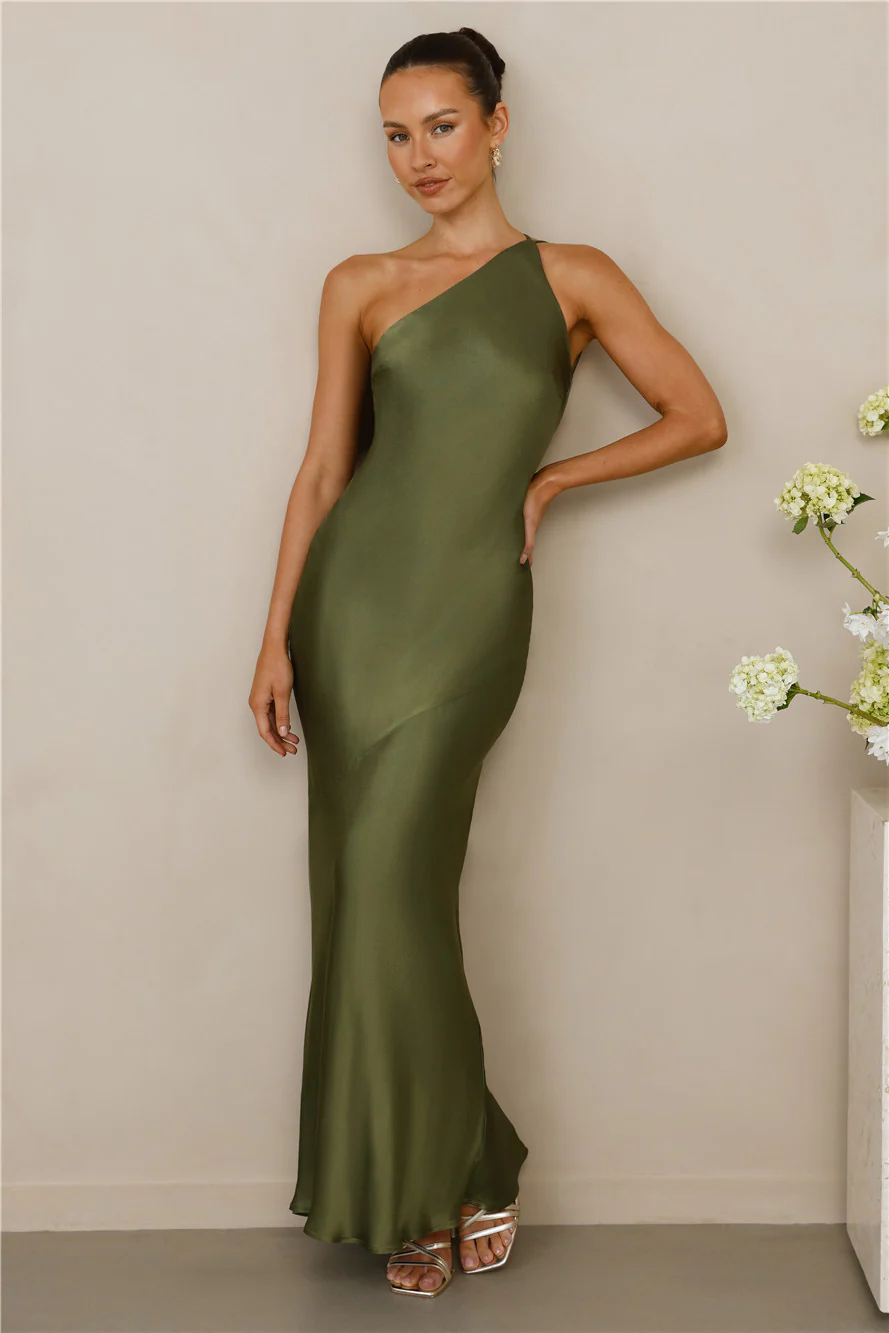 The Evangeline One Shoulder Satin Maxi Dress Olive