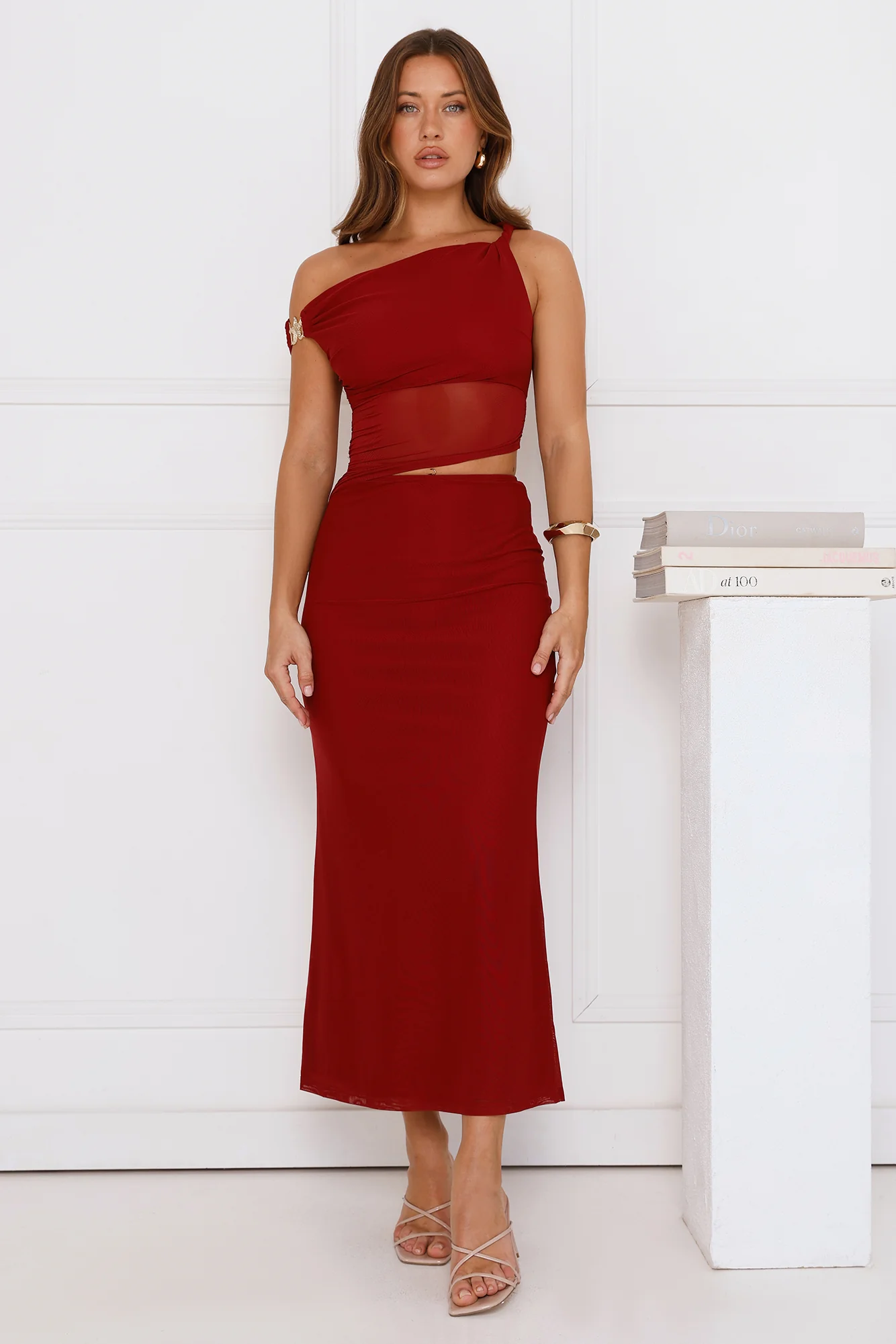 Shimmering Edge Off Shoulder Mesh Maxi Dress Burgundy