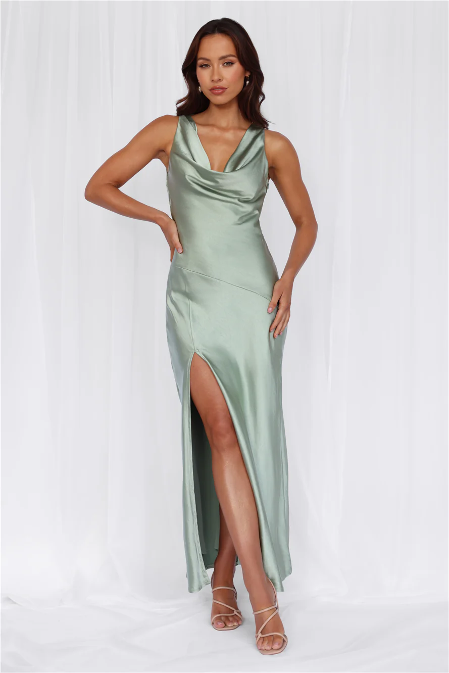 The Loretta Cowl Satin Maxi Dress Sage