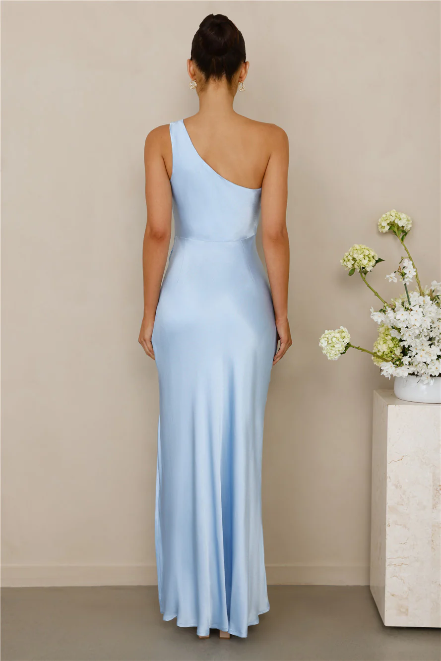The Aurora One Shoulder Satin Maxi Dress Blue