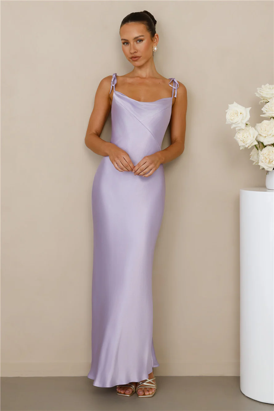 The Penelope Cowl Satin Maxi Dress Lilac