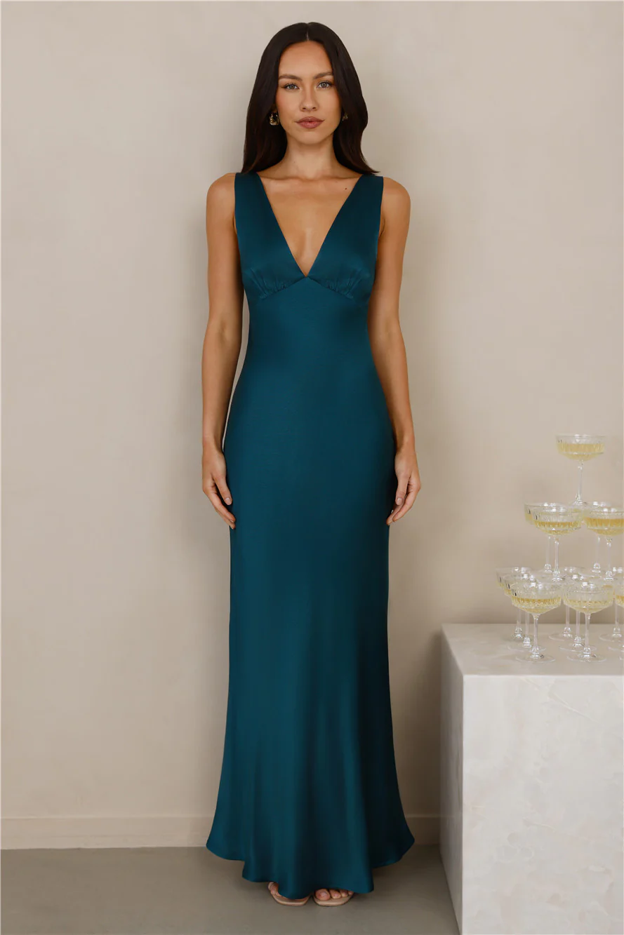 The Isabeau Satin Maxi Dress Teal