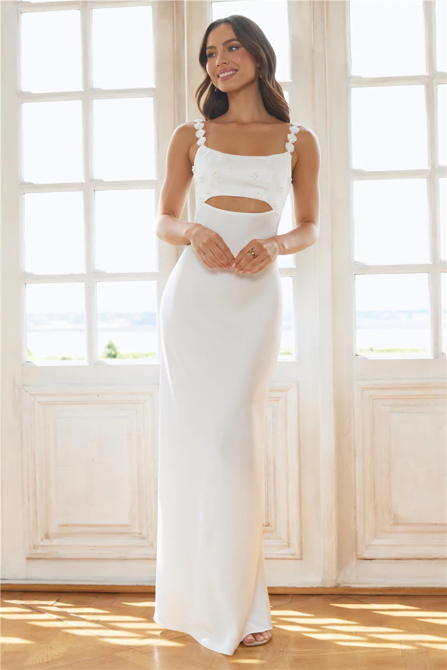 The Floral Soirée Satin Maxi Dress White