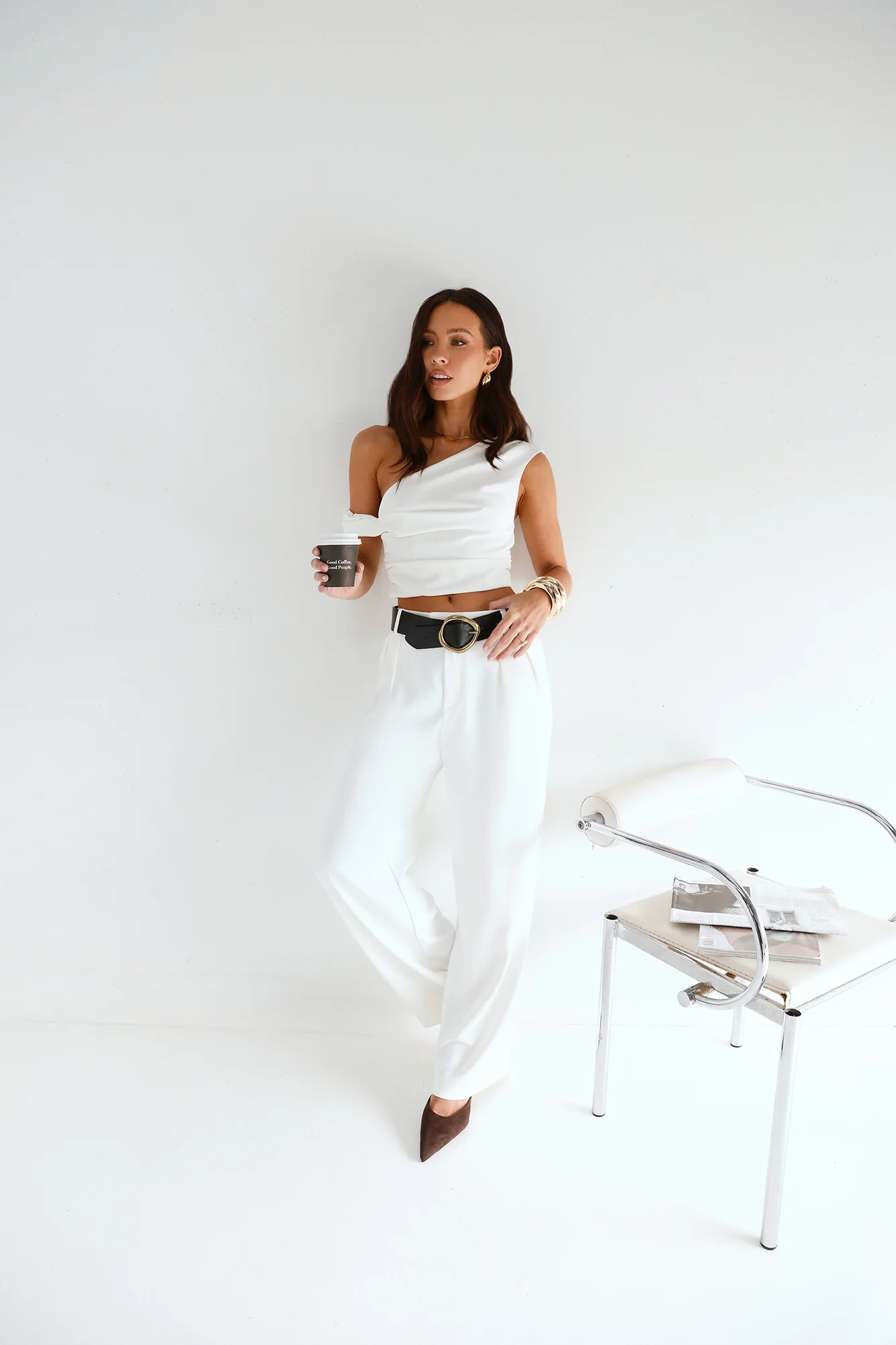 The Edit Tailored Off Shoulder Crop Top White