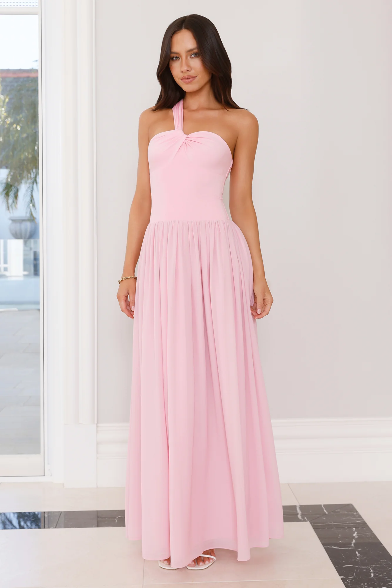 Sunset Waves One Shoulder Maxi Dress Pink