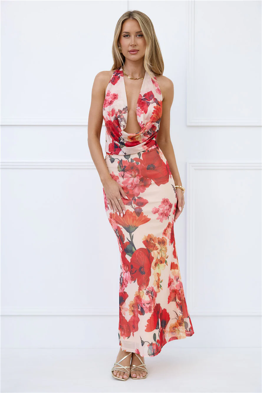 Viral Vibes Mesh Halter Maxi Dress Beige