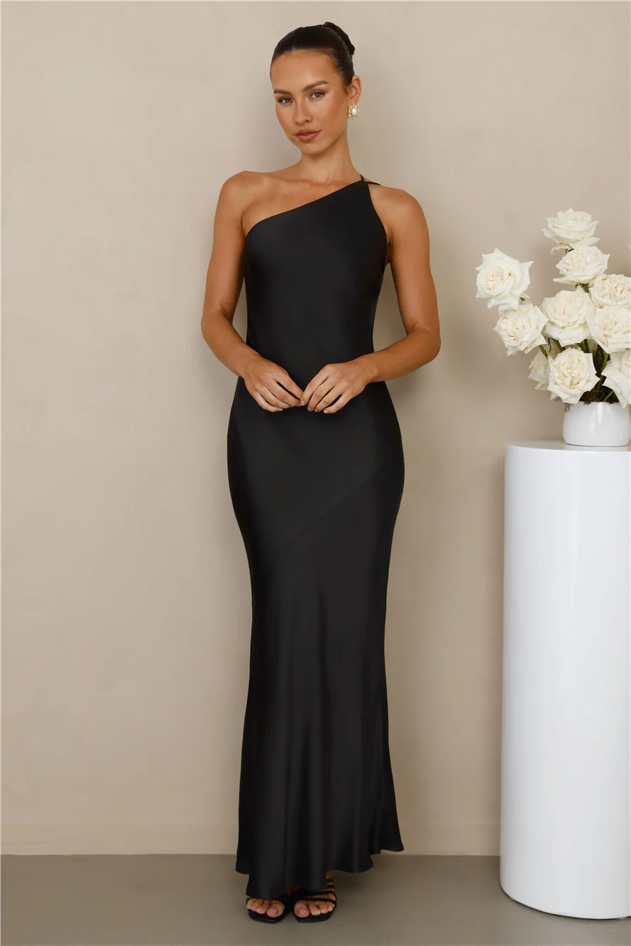 The Evangeline One Shoulder Satin Maxi Dress Black