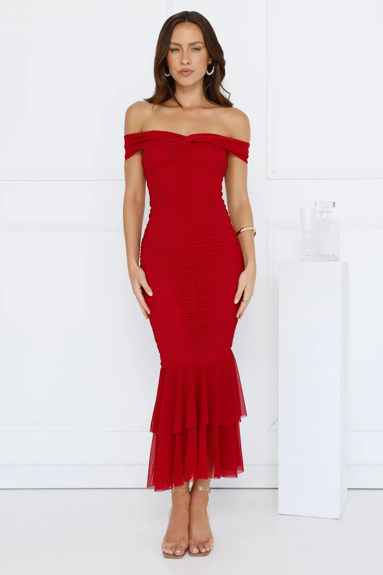 Tanisha Off Shoulder Mesh Midi Dress Maroon