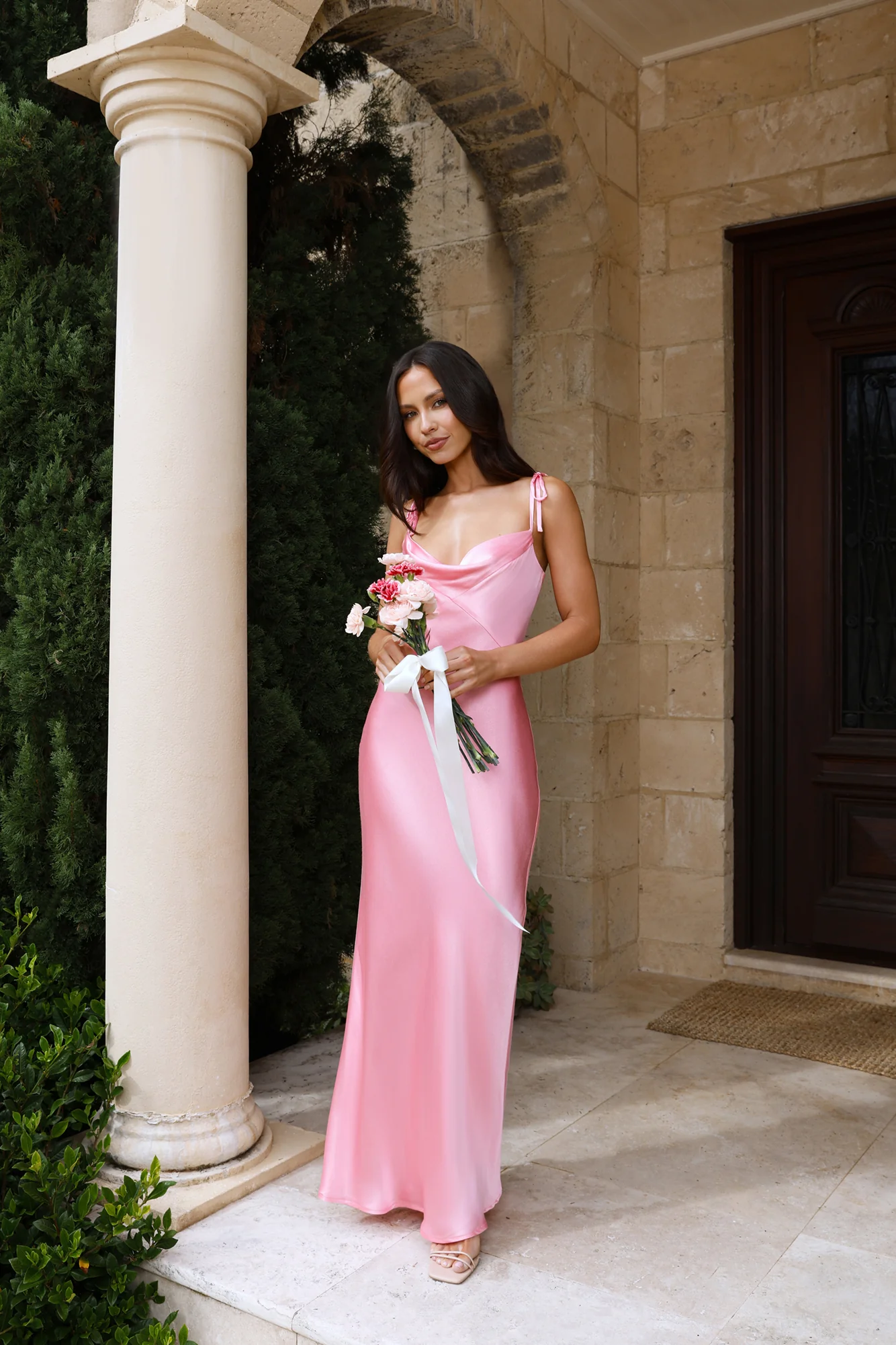 The Penelope Cowl Satin Maxi Dress Candy