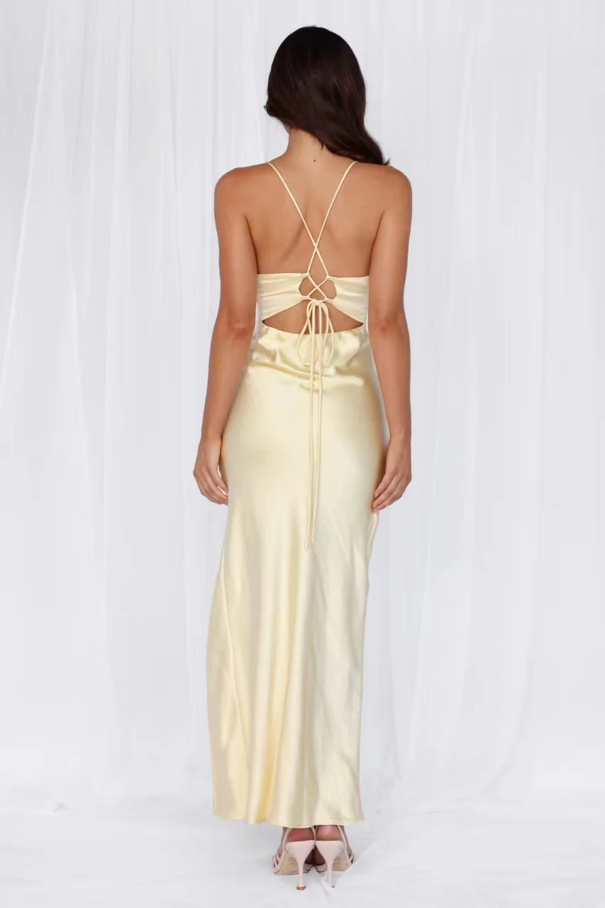 The Sophia Satin Maxi Dress Yellow