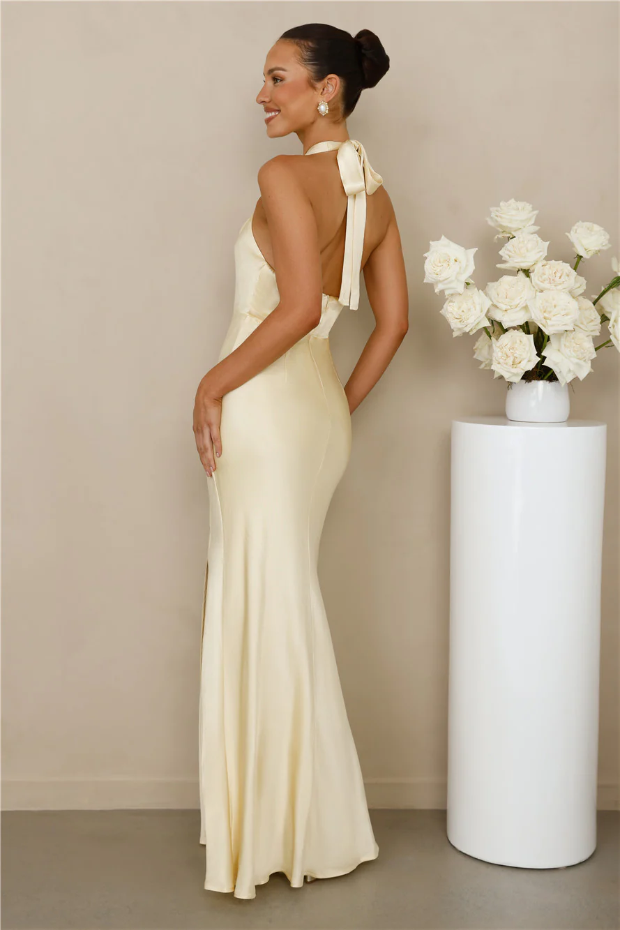 The Adeline Halter Satin Maxi Dress Yellow