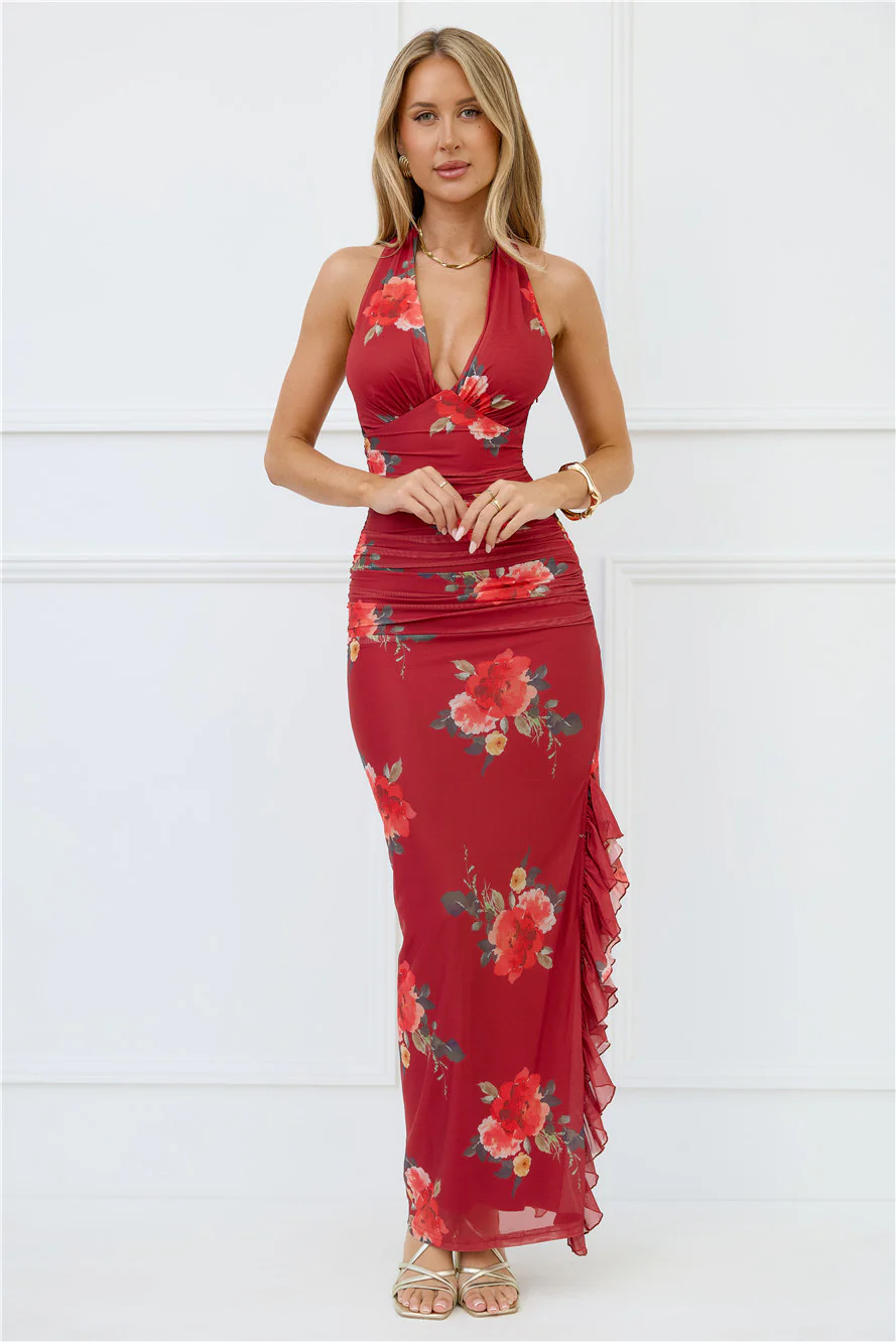 Seductive Sway Mesh Halter Maxi Dress Wine