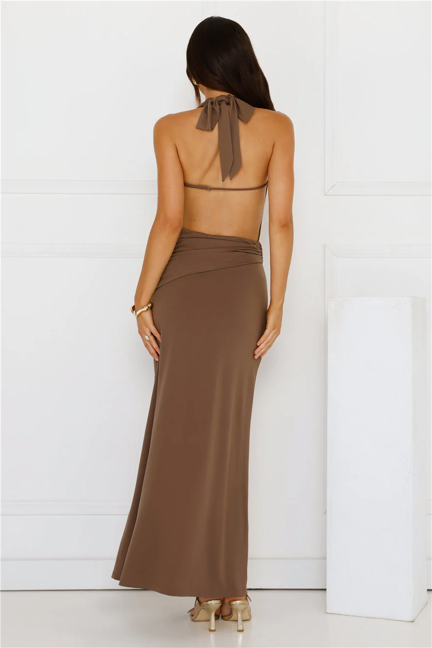 Silk Essence Halter Maxi Dress Brown
