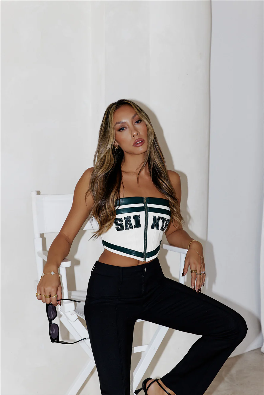 Team Saints Strapless Faux Leather Crop Top Ivory
