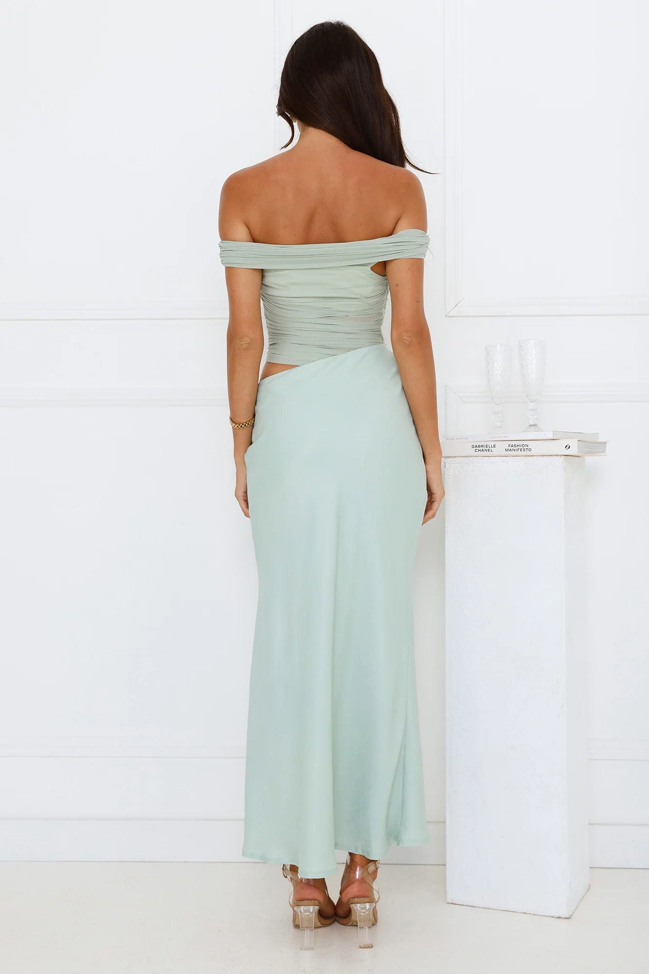 Velvet Sky Off Shoulder Mesh Maxi Dress Sage