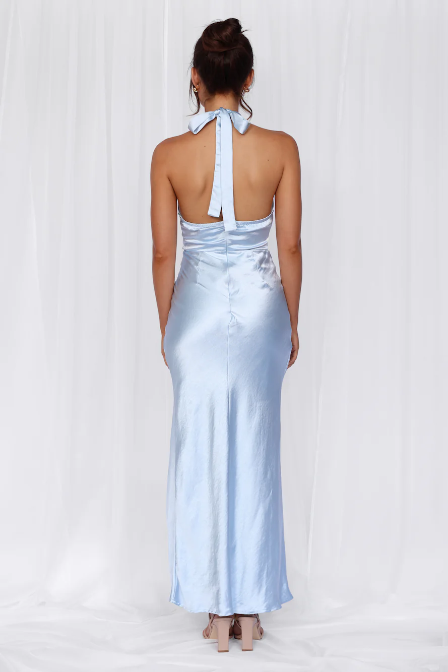 The Adeline Halter Satin Maxi Dress Blue