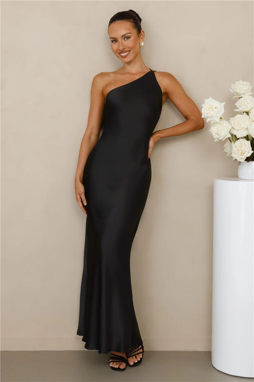 The Evangeline One Shoulder Satin Maxi Dress Black