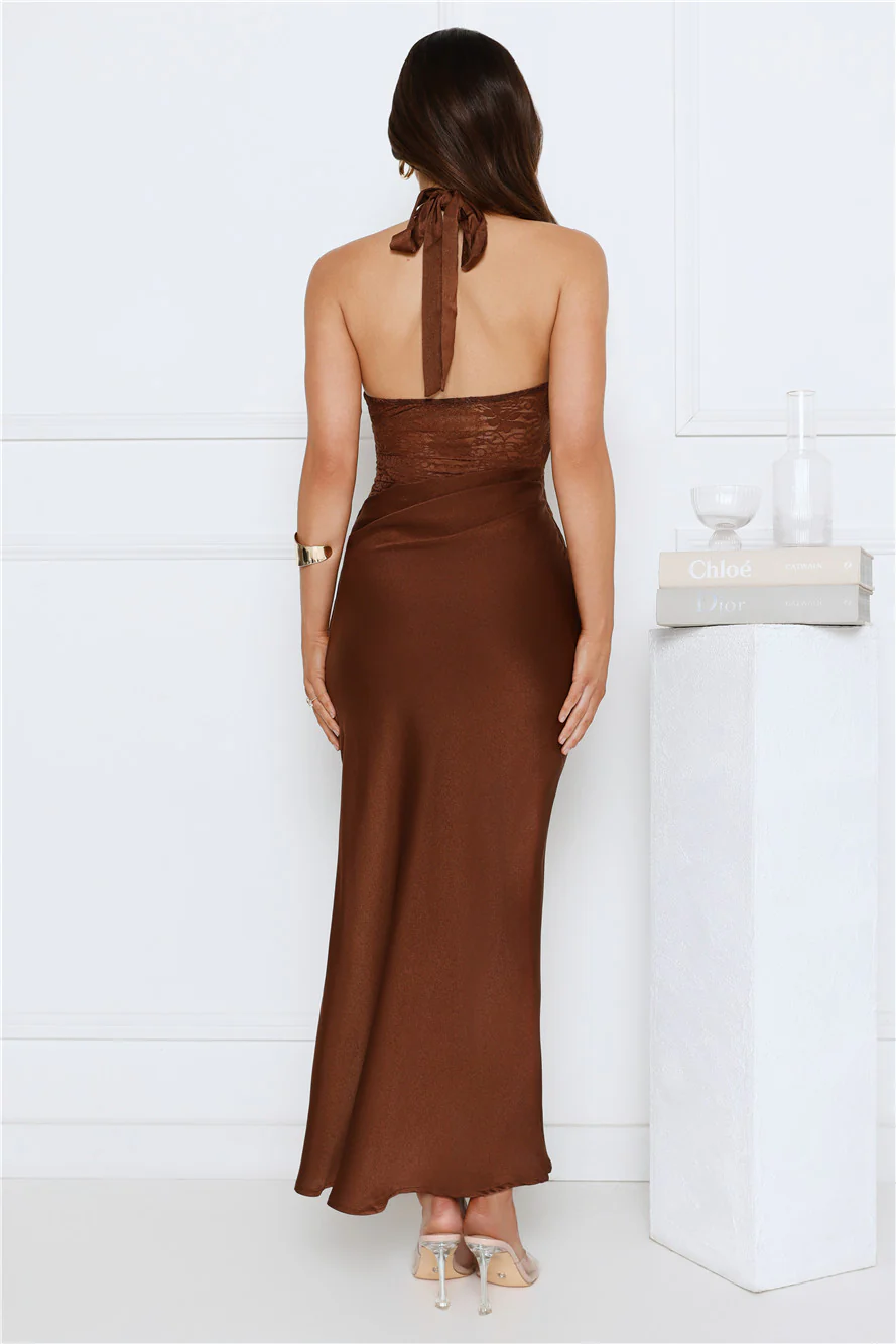 Unlimited Fun Satin Lace Halter Maxi Dress Brown