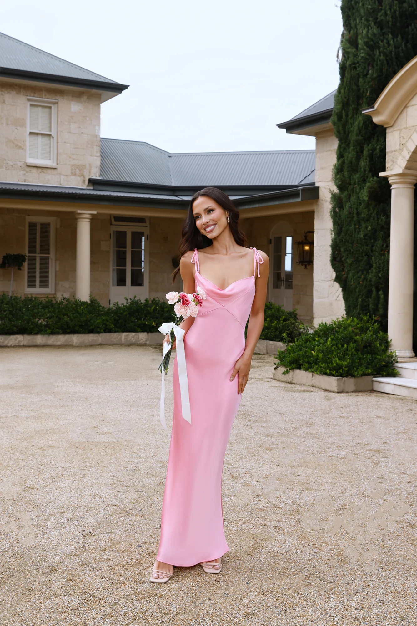 The Penelope Cowl Satin Maxi Dress Candy