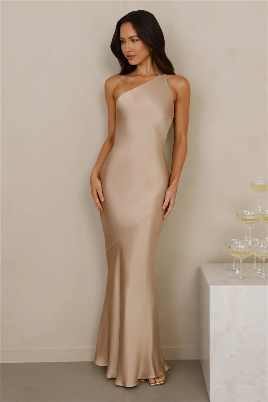 The Evangeline One Shoulder Satin Maxi Dress Champagne
