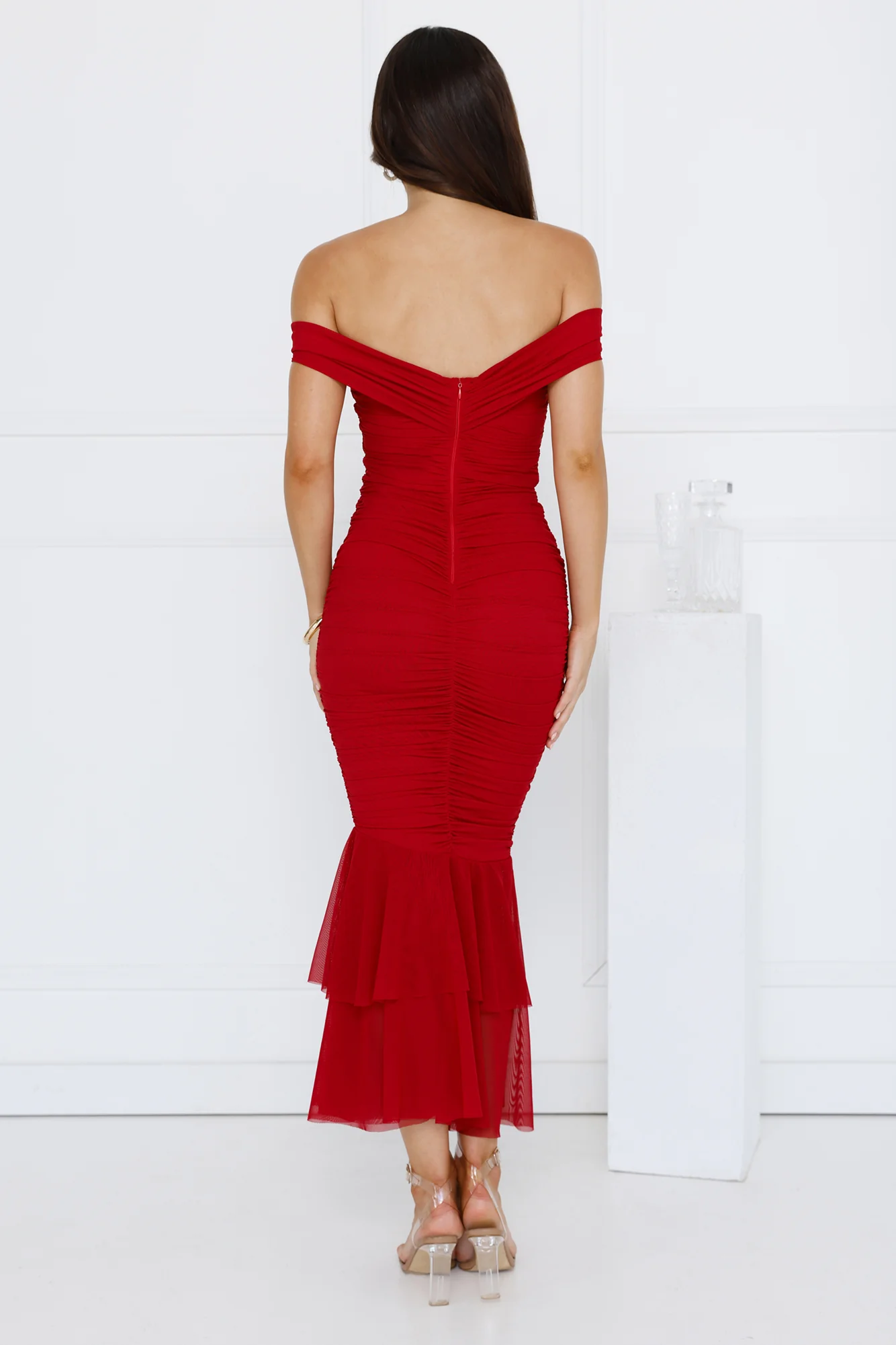 Tanisha Off Shoulder Mesh Midi Dress Maroon